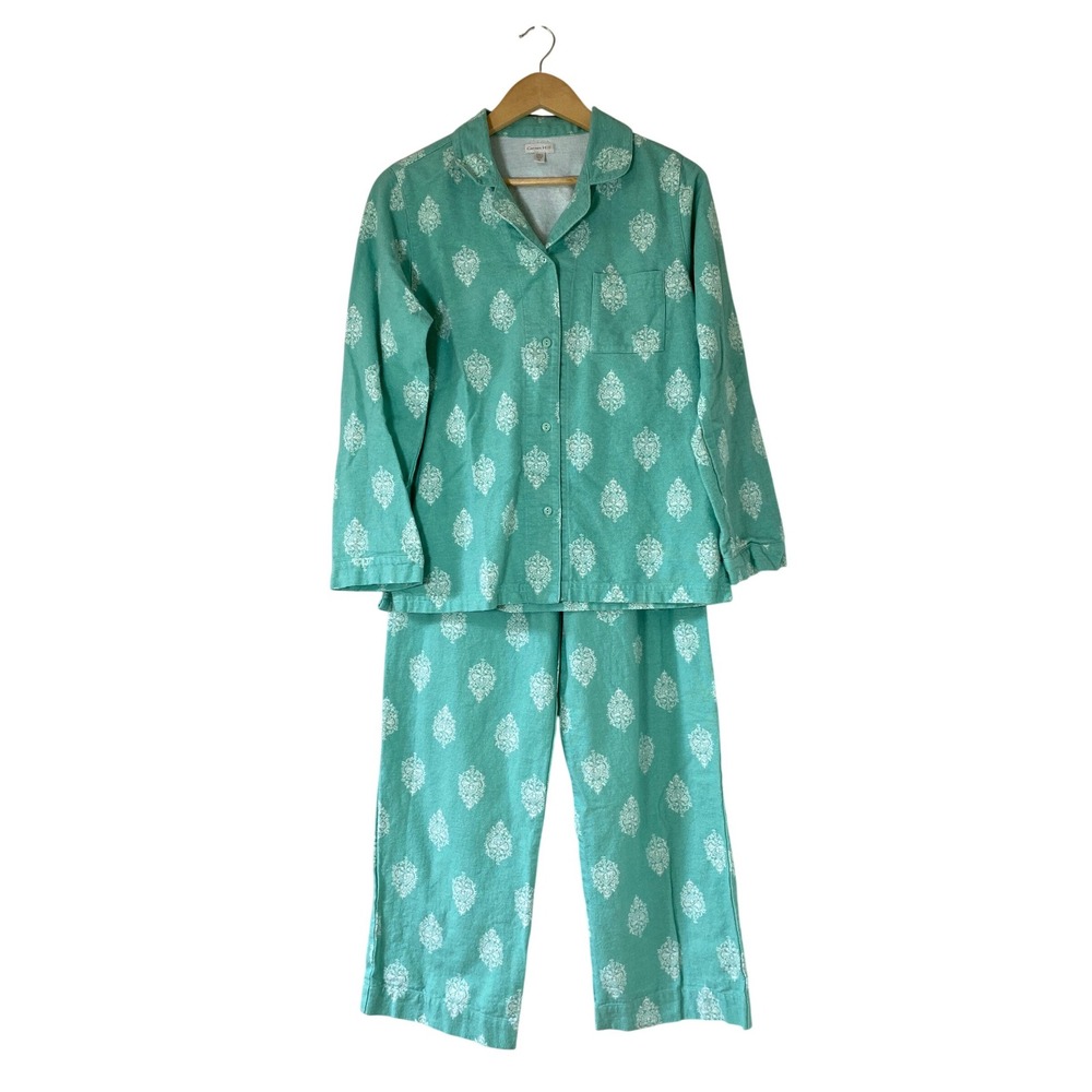 Garnet Hill Womens Organic Cotton Flannel Pajama Set Seafoam Green Damask XS